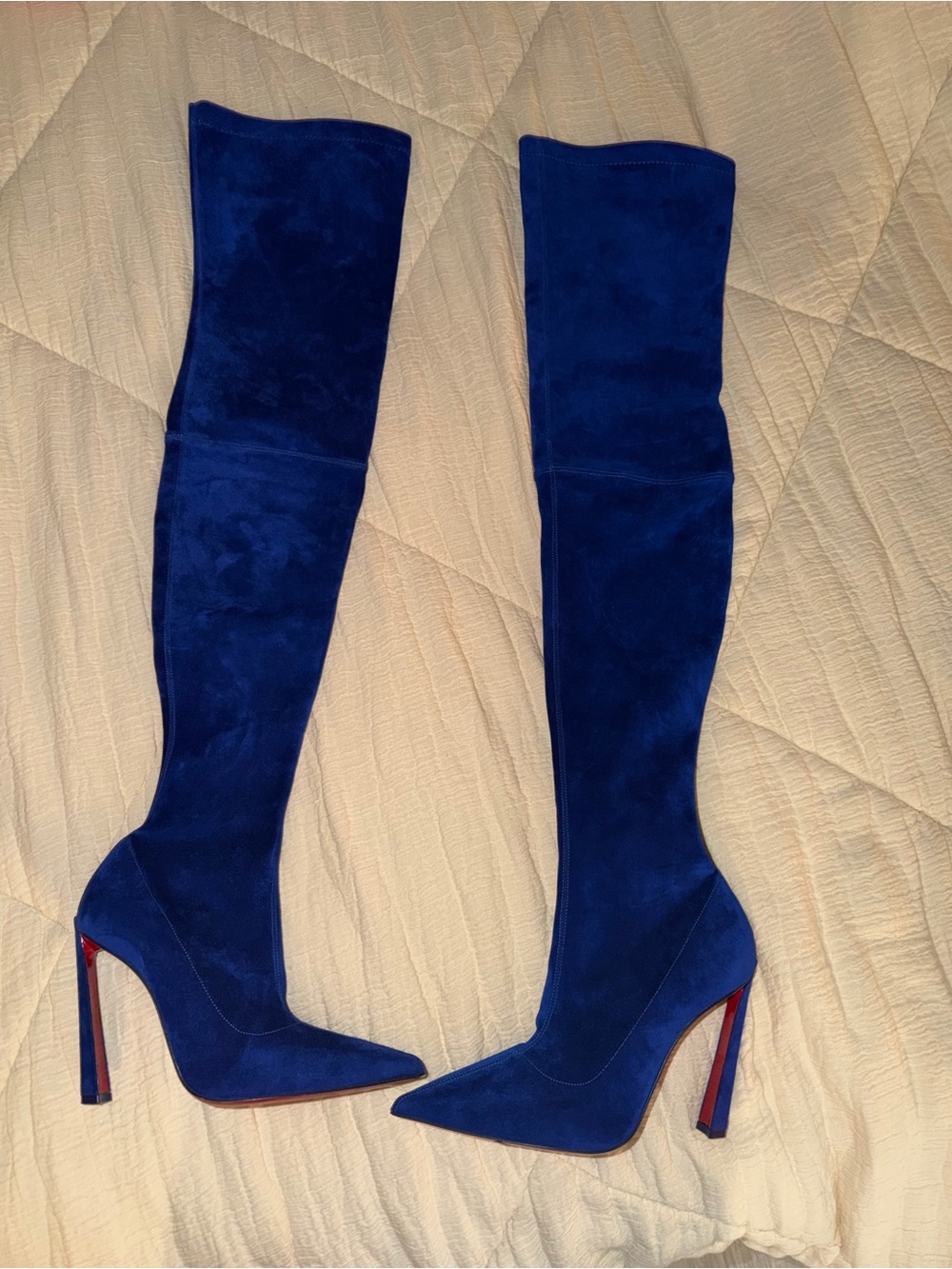 Christian Louboutin Royal Blue Suede Over-the-Knee Pointed Toe Stiletto Boots